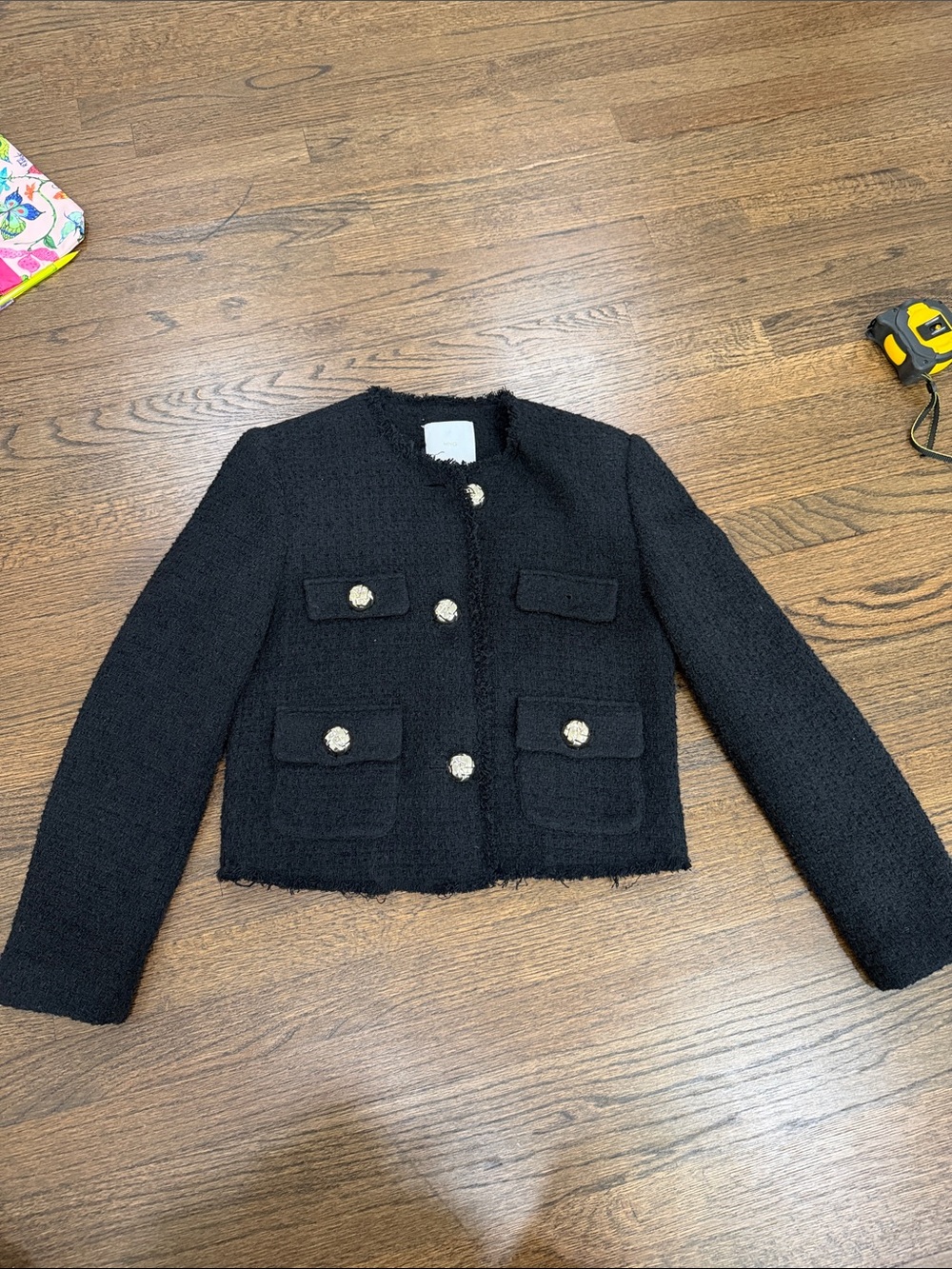Mango Black Tweed Cropped Jacket with Gold Buttons